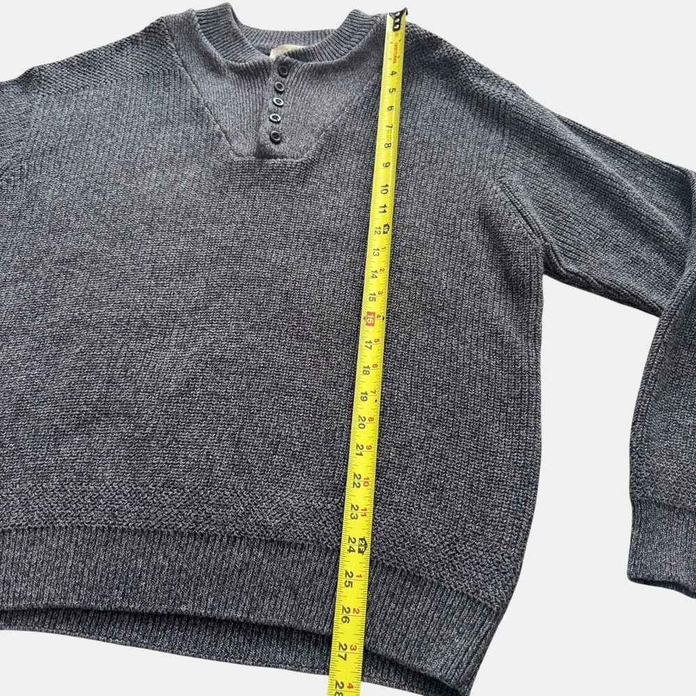 Cabelas Mens 2XL Grey Cotton Chunky Knit Henley Sweater Pullover‎ fisherman